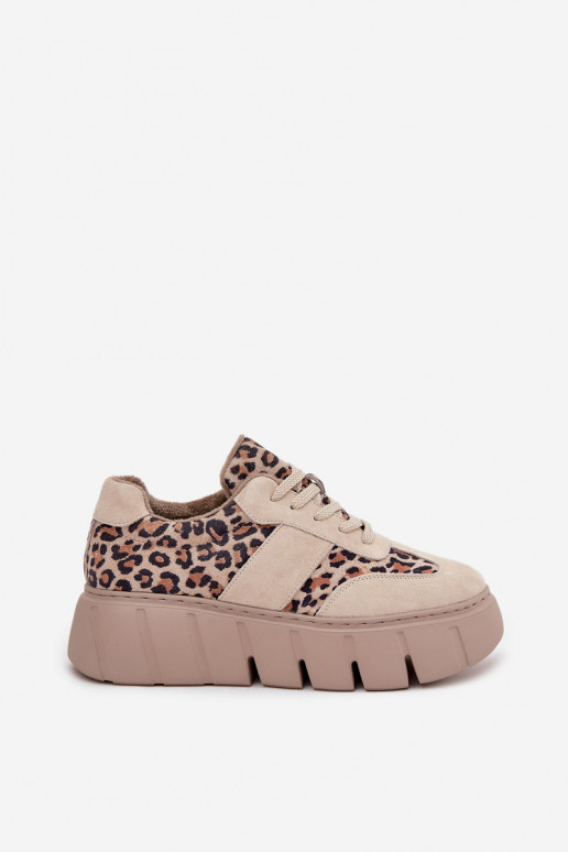 en daim réchauffer Chaussures modèle baskets Féminin avec une plateforme Vinceza 66841 avec des motifs en fourrure de léopard be
