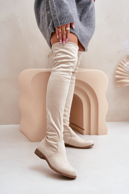 bottes avec des talons larges au-dessus du genouen daim écologiqueu beige Linnithia