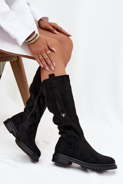 Bottes chaudes Activé płaskim Obcasie en daim écologiqueoÀe couleur noire Delyssa