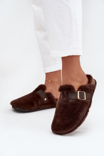 Pantoufles pour femmes avec fourrure, plateforme, lanières et boucles, couleur marron Noraline 2