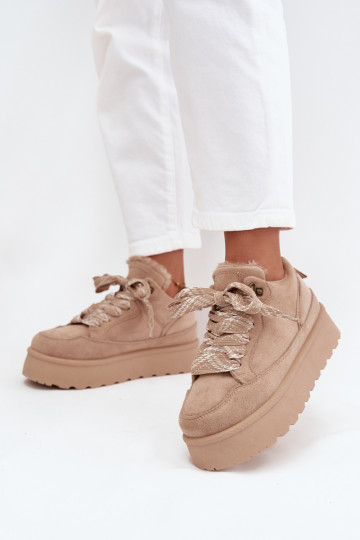 avec des lacets Bottes de neige Féminin avec une plateforme réchauffer avec de la fourrure à l intérieur beige Tavelle 2