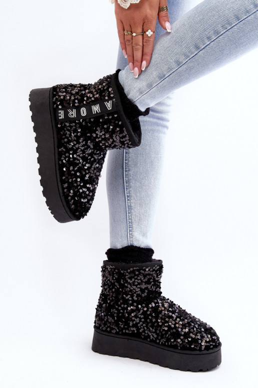 Bottes de neige Féminin avec une plateforme Décoré de paillettes couleur noire Silmo Bottes de neige Féminin avec une plateforme Décoré de paillettes couleur noire Silmo