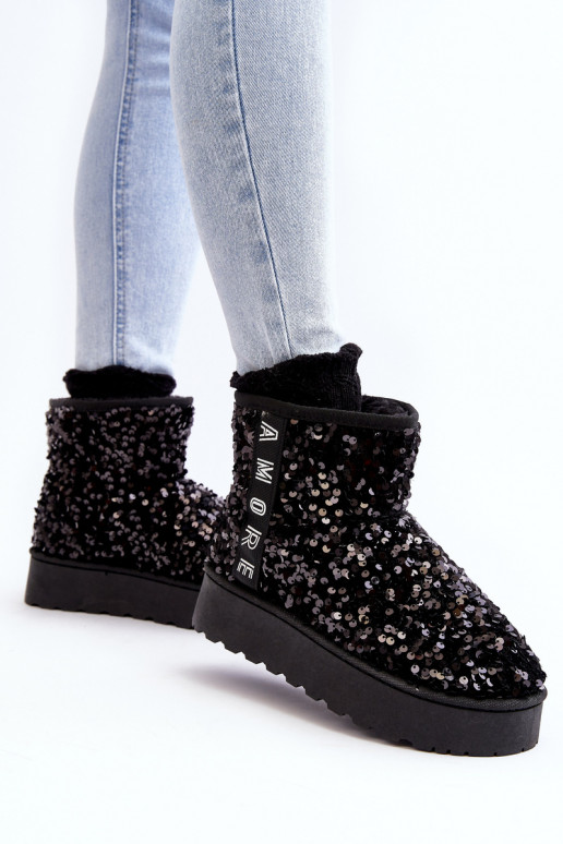 Bottes de neige Féminin avec une plateforme Décoré de paillettes couleur noire Silmo Bottes de neige Féminin avec une plateforme Décoré de paillettes couleur noire Silmo