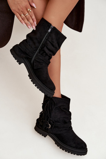 réchauffer Bottes pour femmes avec des franges I Klarami avec des talons larges couleur noire Helianne