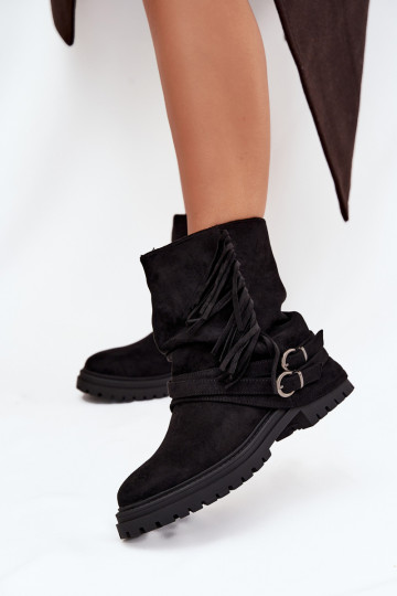 réchauffer Bottes pour femmes avec des franges I Klarami avec des talons larges couleur noire Helianne 2