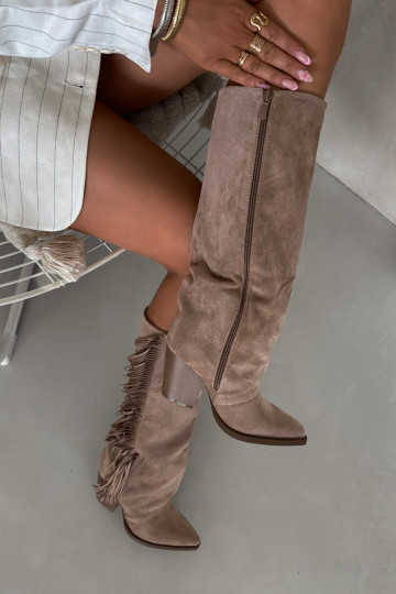 Bottes longues pour femmes de style cowboy avec franges et talons couleur sable Tivara 2