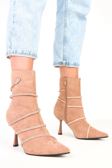 Bottines couleur sable à talon ornées de zirconiums Nethe