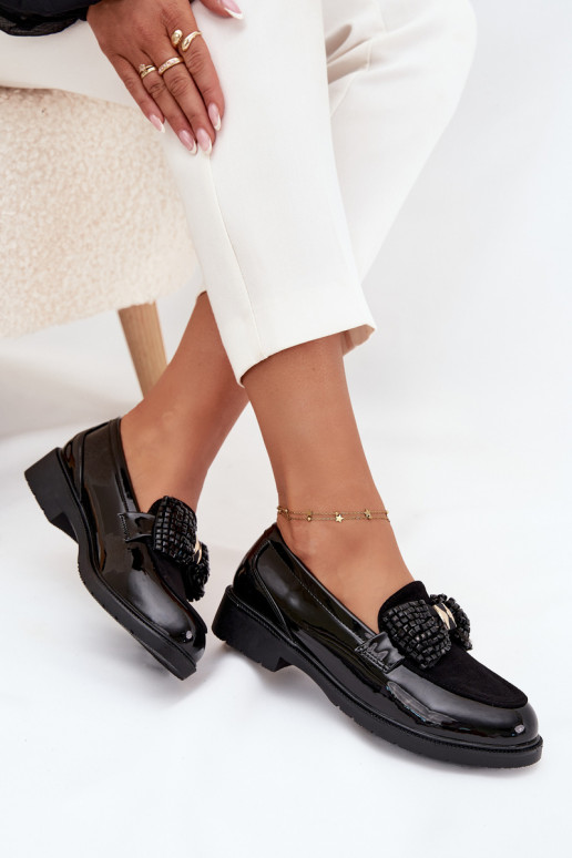 Mocassins vernis pour femmes avec nœuds S.Barski HY51-319 noires Mocassins vernis pour femmes avec nœuds S.Barski HY51-319 noires