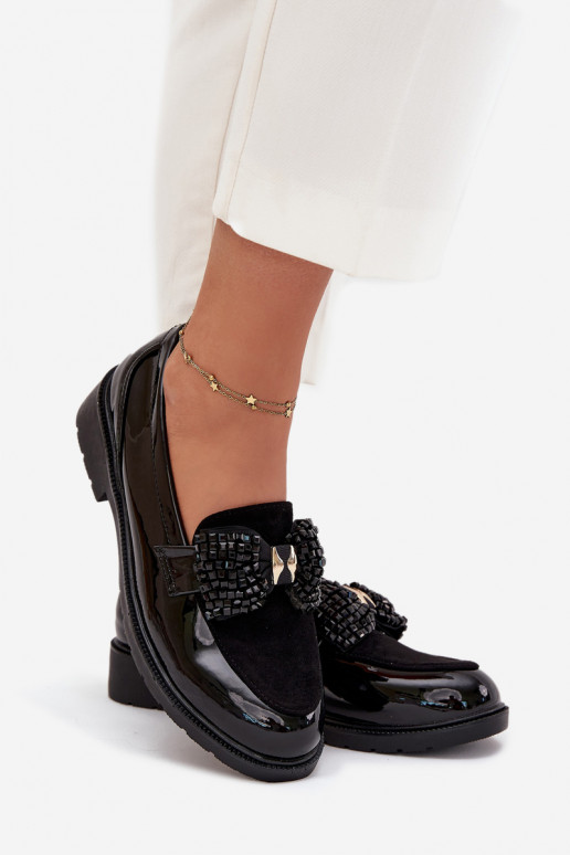 Mocassins vernis pour femmes avec nœuds S.Barski HY51-319 noires Mocassins vernis pour femmes avec nœuds S.Barski HY51-319 noires