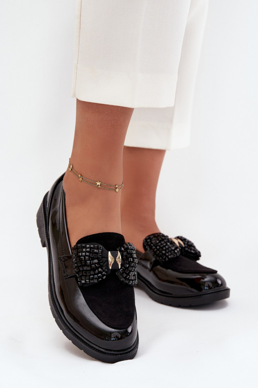 Mocassins vernis pour femmes avec nœuds S.Barski HY51-319 noires Mocassins vernis pour femmes avec nœuds S.Barski HY51-319 noires