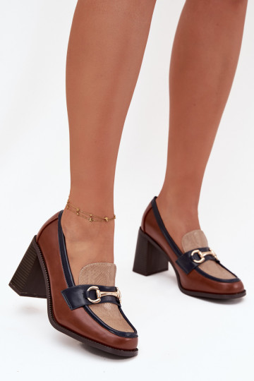 Chaussures à talons hauts pour femmes avec estampage et détails dorés, couleur sable-brun, Novella