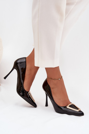 avec effet vernis chaussures à talons hauts Ze couleur doréem Detalem couleur noire Paivelle