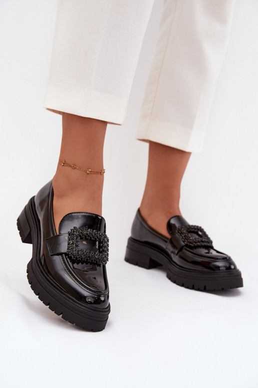 avec effet vernis chaussures mocassins pour femmes décorer avec boucles couleur noire Luvianne