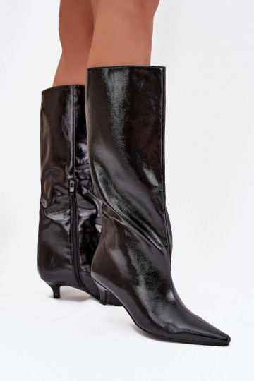 avec effet vernis bottes pour femmes Sur un talon bas couleur noire Mireva 2