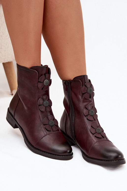 réchauffer Bottes pour femmes avec des talons larges Avec des décorationsi avec des motifs florauxkami Bourgogne Pravienne