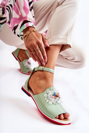 Sandales en cuir vert pour femmes avec ornements Nevassa