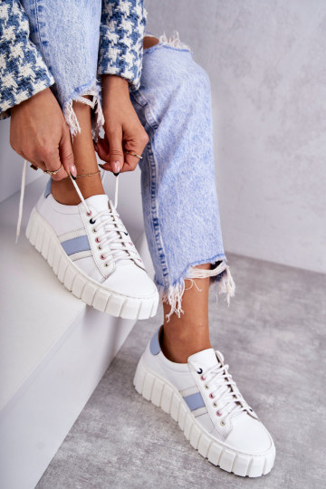 Féminin Peau baskets avec des sangles Blanc-couleur bleue Ariva