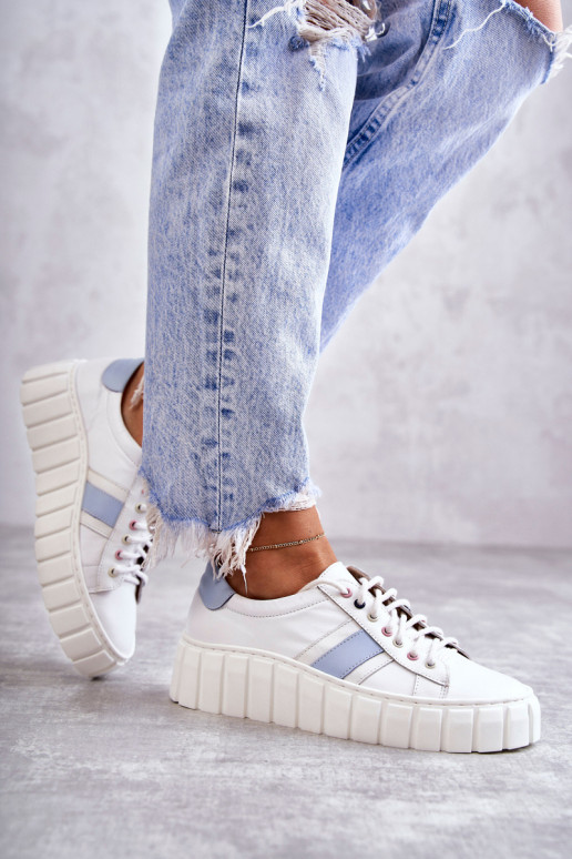 Féminin Peau baskets avec des sangles Blanc-couleur bleue Ariva Féminin Peau baskets avec des sangles Blanc-couleur bleue Ariva