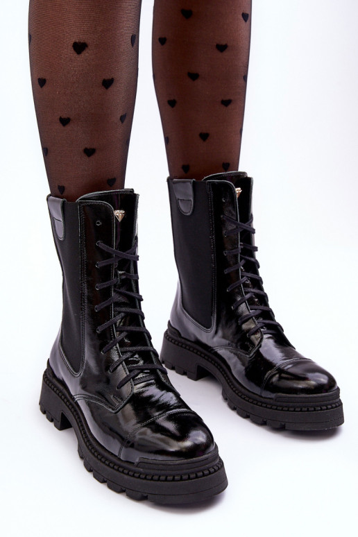 Peau Féminin Bottines de travail avec des lacets couleur noire Nicole 2836