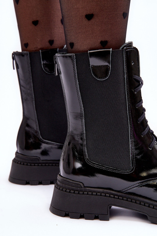 Peau Féminin Bottines de travail avec des lacets couleur noire Nicole 2836