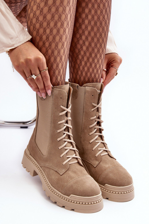 en daim Féminin Bottines de travail avec des lacets beige Nicole 2836