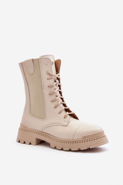 Peau Féminin Bottines de travail avec des lacets couleur ivoire Nicole 2836