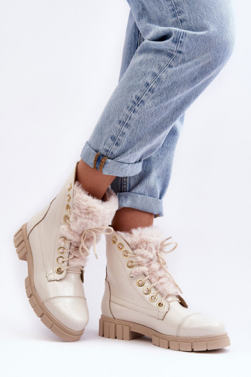 Bottines en cuir pour femmes avec fourrure couleur ivoire LeĮskis 3296