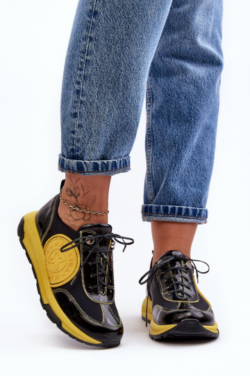 Féminin baskets Peau Il fautciejka 06295-01 Noir et-couleur jaune