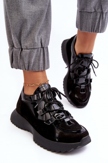 Baskets sport pour femmes en cuir avec effet laqué M01/2 Zazoo noires