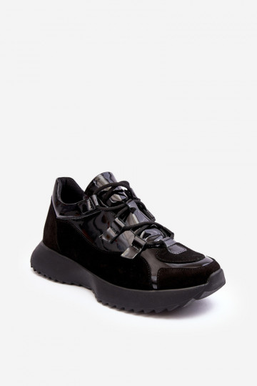 Baskets sport pour femmes en cuir avec effet laqué M01/2 Zazoo noires 2