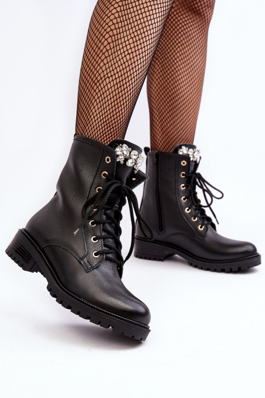 Peau Féminin Bottines de travail avec des ornements Zazoo 1757 couleur noire