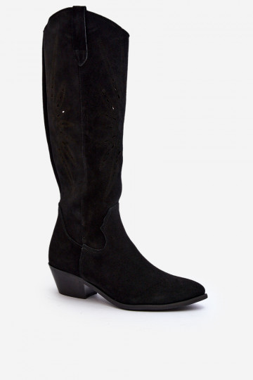 Zazoo 2909 Bottes en daim hautes avec des éléments ajourés à petit talon couleur noire