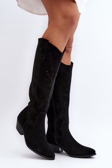 Zazoo 2909 Bottes en daim hautes avec des éléments ajourés à petit talon couleur noire 2