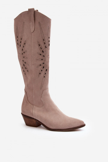 Zazoo 2909 Bottes en daim hautes avec des éléments ajourés à petit talon couleur sable 2
