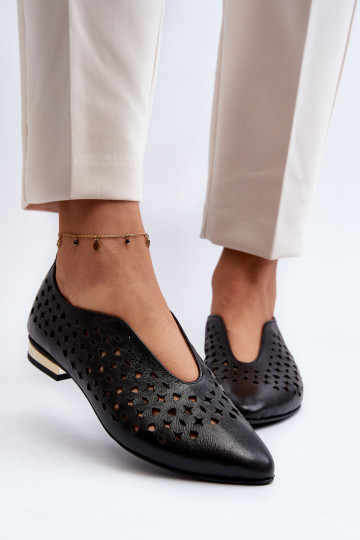 Zazoo 2883 ballerines ajourées en cuir naturel, couleur noire