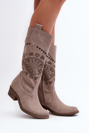 Zazoo 4043 en daim bottes Sur un talon bas avec des éléments ajourés couleur cappuccino 2