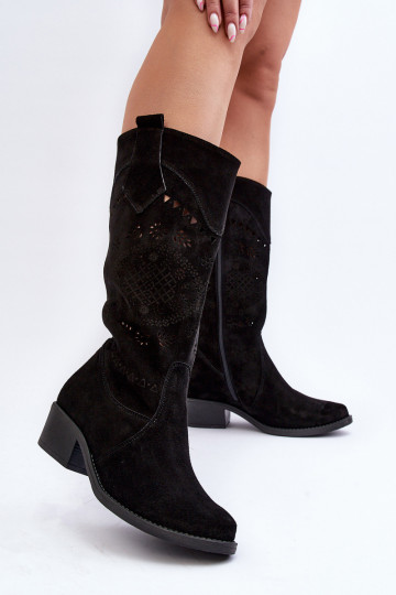 Zazoo 4043 en daim bottes Sur un talon bas avec des éléments ajourés couleur noire 2