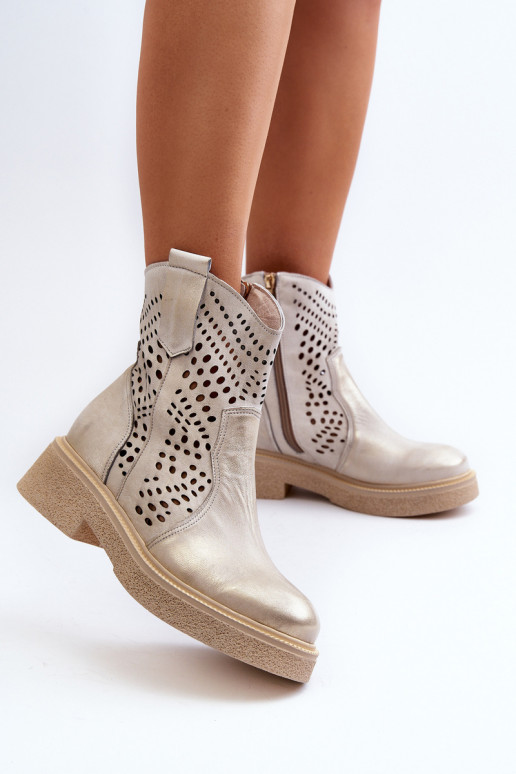 Zazoo 3470 Peau Bottes pour femmes avec des talons larges avec des éléments ajourés couleur dorée Nettoyé