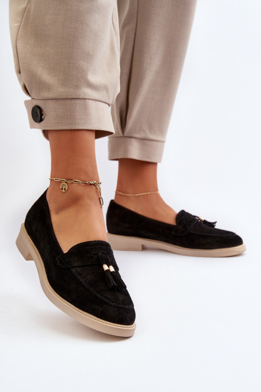 Zazoo 3420 Mocassins en daim Féminin avec des talons larges couleur noire Zazoo 3420 Mocassins en daim Féminin avec des talons larges couleur noire