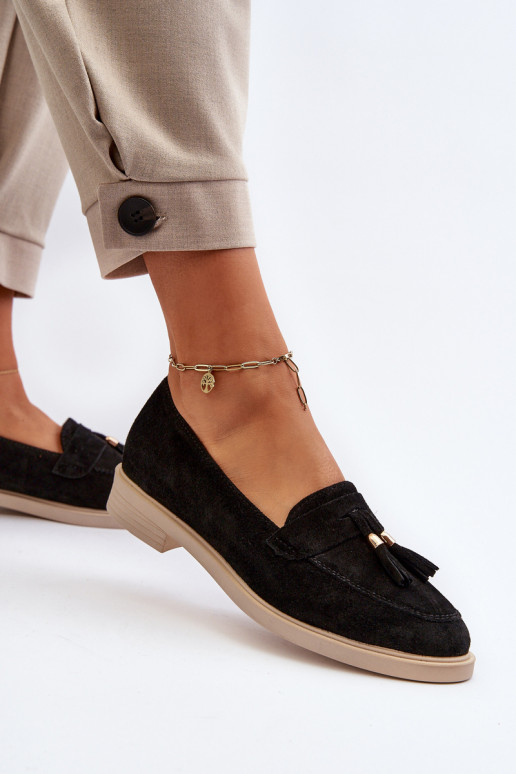 Zazoo 3420 Mocassins en daim Féminin avec des talons larges couleur noire Zazoo 3420 Mocassins en daim Féminin avec des talons larges couleur noire