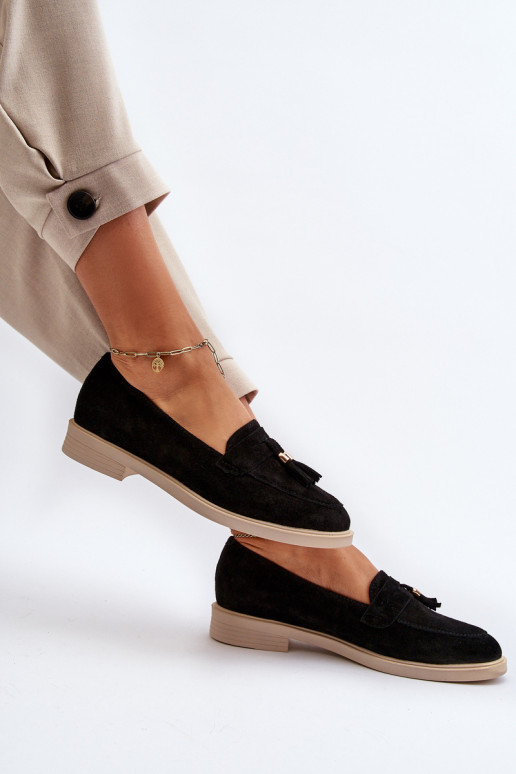 Zazoo 3420 Mocassins en daim Féminin avec des talons larges couleur noire Zazoo 3420 Mocassins en daim Féminin avec des talons larges couleur noire