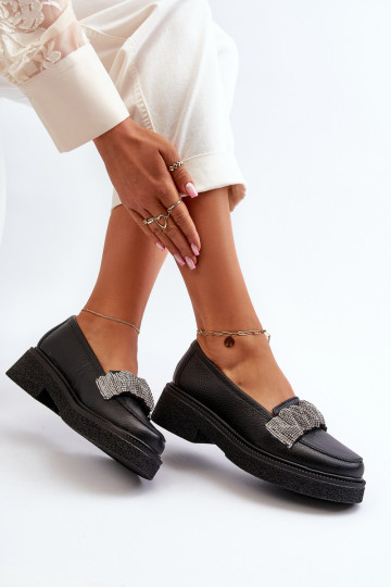 Zazoo 3419 Mocassins en cuir pour femmes avec bande décorative couleur noire 2