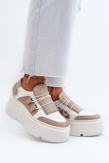 Chaussures en cuir pour femmes de style sportif avec semelles épaisses Zazoo 1833 couleur sable-blanc