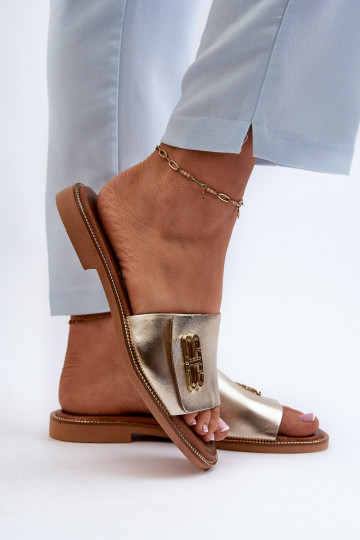 Pantoufles en cuir au style élégant de couleur dorée Zazoo 40384 2