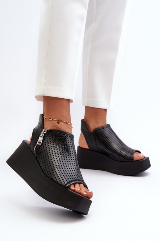 Zazoo 1792 Peau Sandales à plateforme ajourées couleur noire Zazoo 1792 Peau Sandales à plateforme ajourées couleur noire