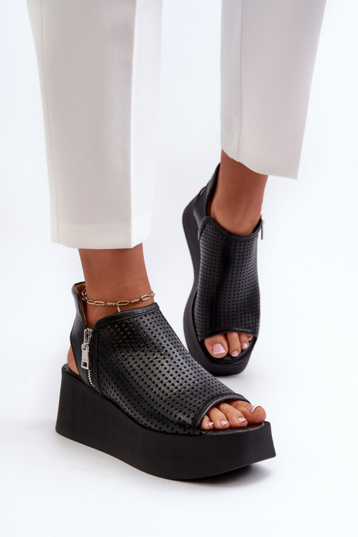 Zazoo 1792 Peau Sandales à plateforme ajourées couleur noire Zazoo 1792 Peau Sandales à plateforme ajourées couleur noire