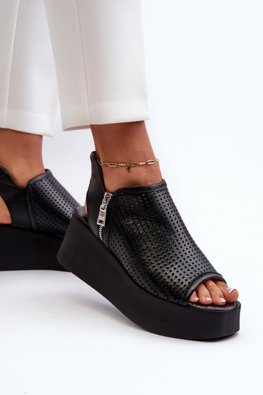 Zazoo 1792 Peau Sandales à plateforme ajourées couleur noire Zazoo 1792 Peau Sandales à plateforme ajourées couleur noire
