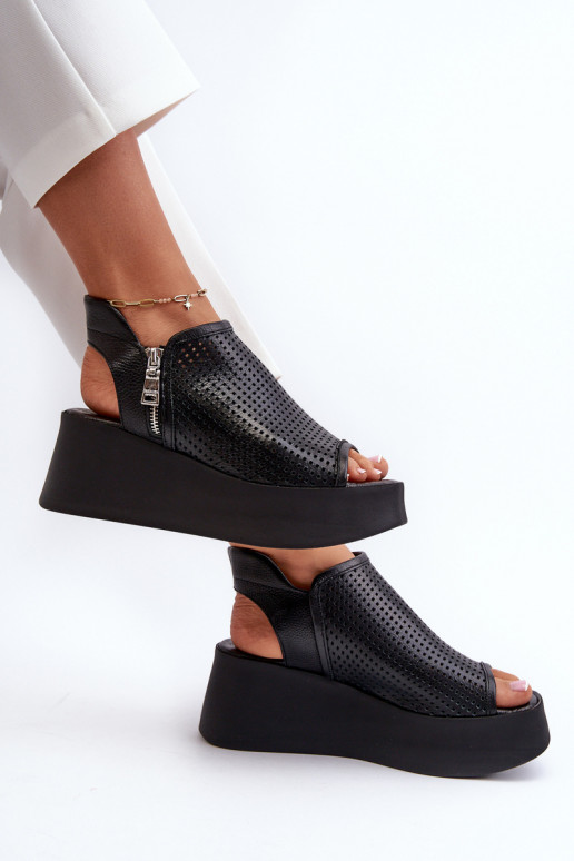 Zazoo 1792 Peau Sandales à plateforme ajourées couleur noire Zazoo 1792 Peau Sandales à plateforme ajourées couleur noire