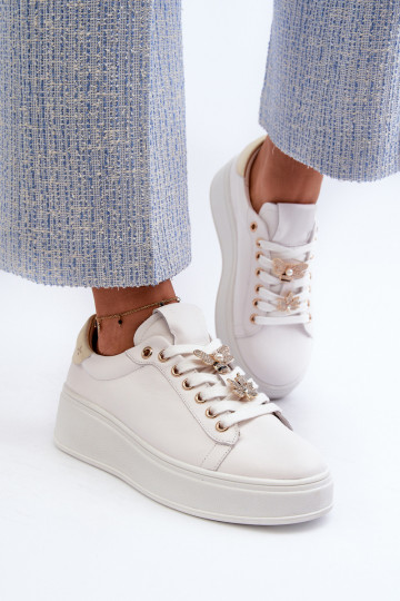 Baskets de sport en cuir pour femmes avec plateforme D&A SN67 blanches