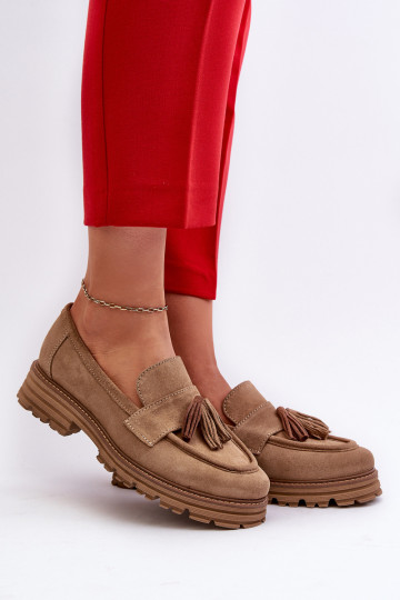 Mocassins en daim pour femmes Zazoo 3469 avec franges couleur sable 2